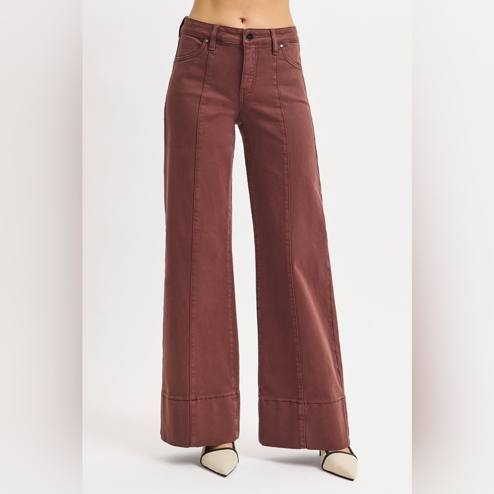 138 | Risen Chocolate Brown Mid Rise Tummy Control Wide Leg Denim